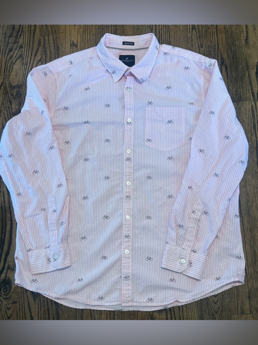 American Eagle Outfitters Pink Striped Button-Down Shirt with Bicycle Print